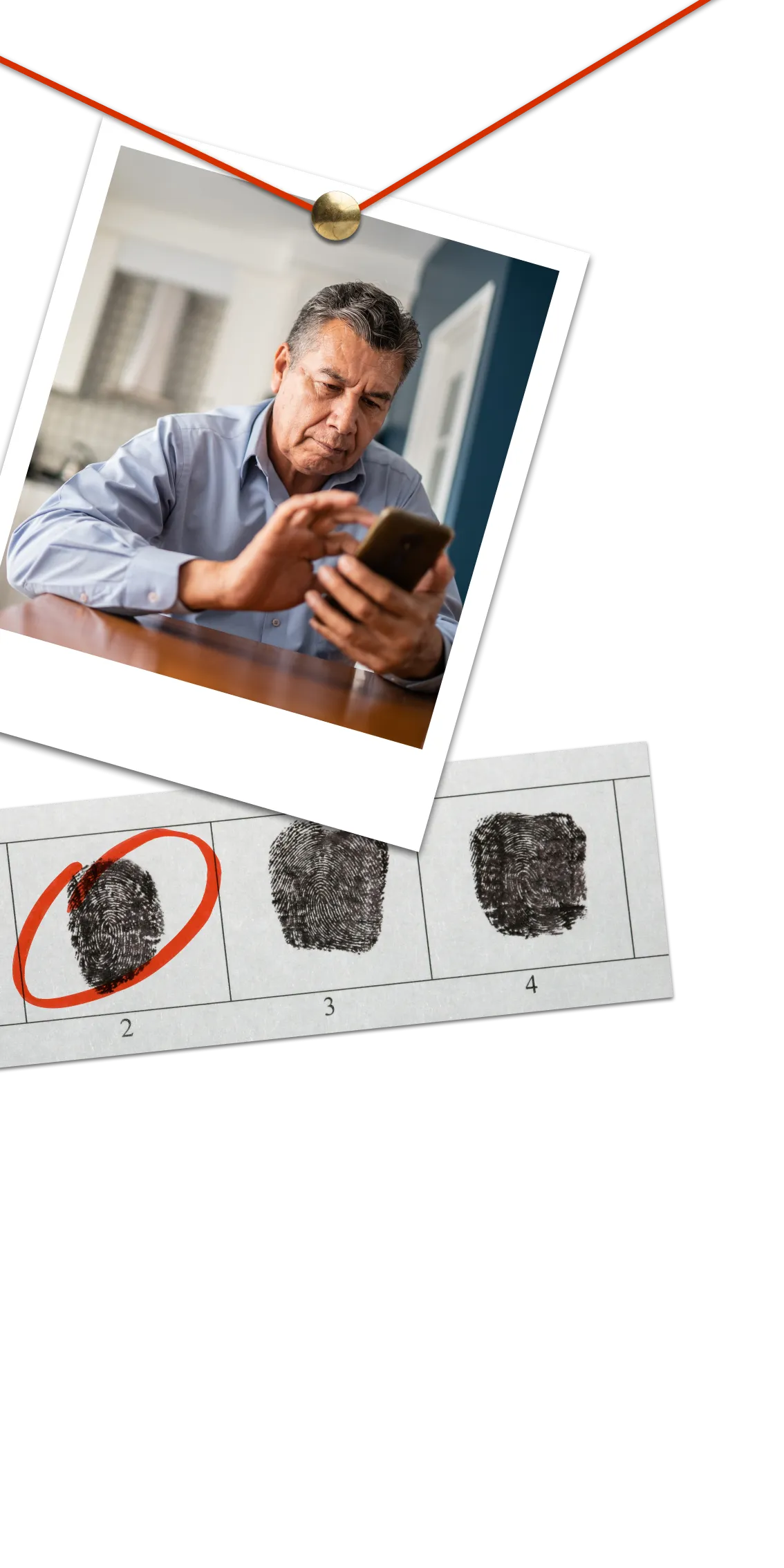 Collage of photo of a man on phone, fingerprints, wall pins, and string
